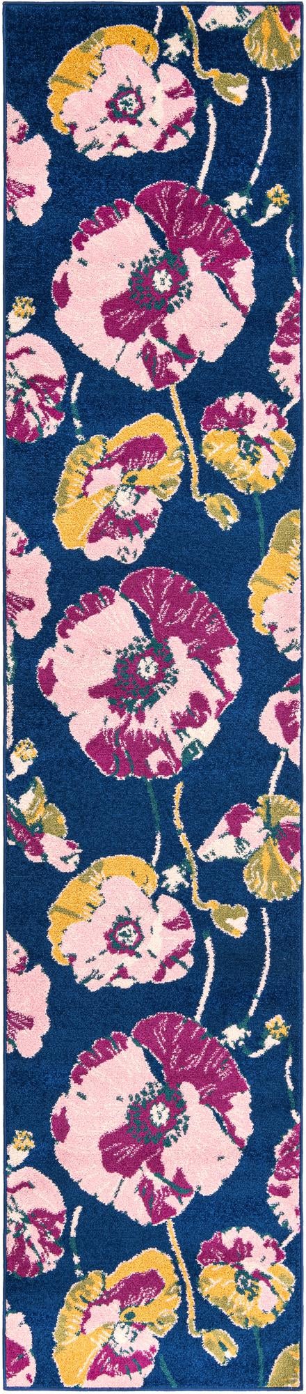 Navy Blue 2' 7 x 12' Bloom Runner Area Rug 100% Polypropylene With Cotton Backing Easy Clean Colorful Blooming Flower Floral Carpet for Living Dining Room Office Dorms for Sale at Rug Engine
