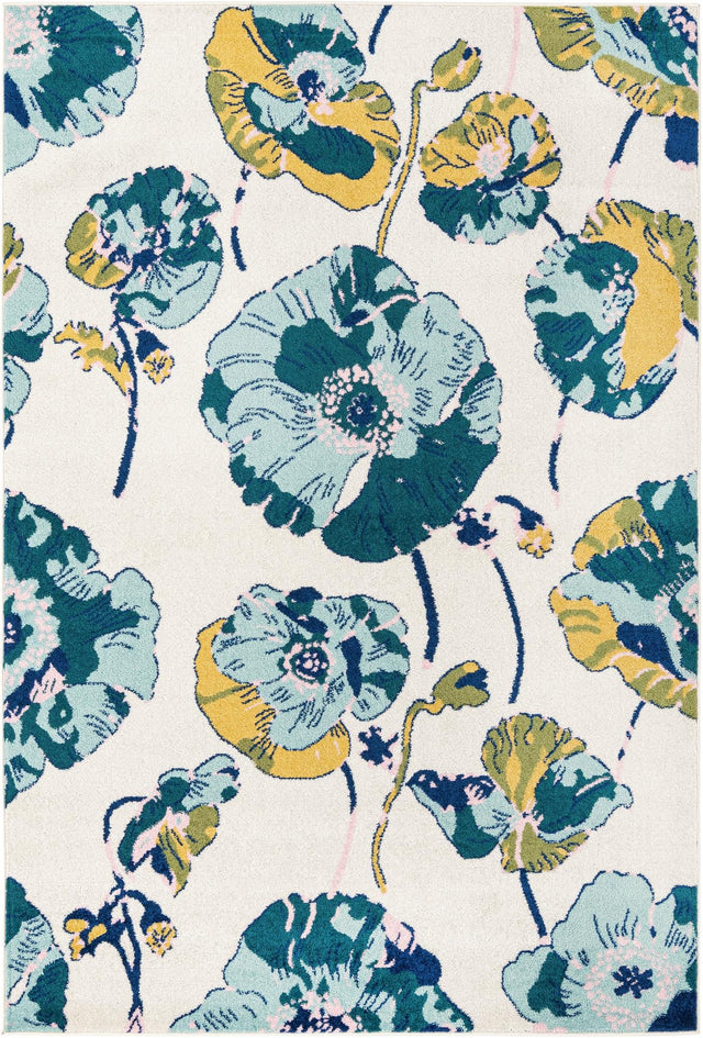 White 6' x 9' Bloom Rectangle Area Rug 100% Polypropylene With Cotton Backing Easy Clean Colorful Blooming Flower Floral Carpet for Living Dining Room Office Dorms for Sale at Rug Engine