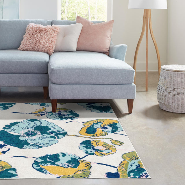 White 6' x 9' Bloom Rectangle Area Rug 100% Polypropylene With Cotton Backing Easy Clean Colorful Blooming Flower Floral Carpet for Living Dining Room Office Dorms for Sale at Rug Engine
