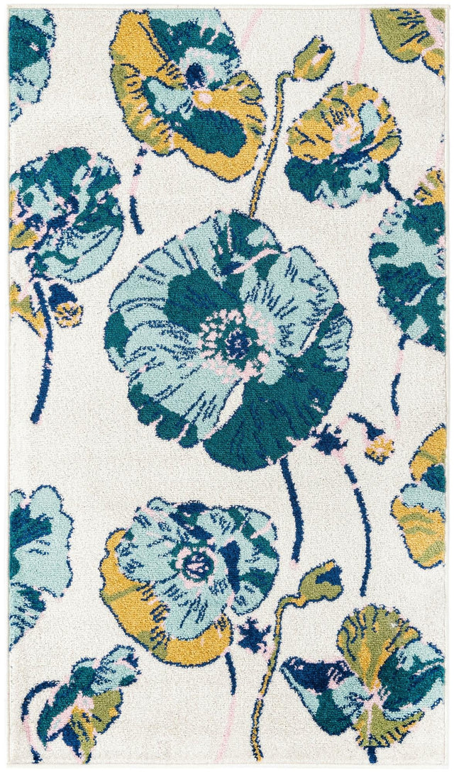 White 3' x 5' 3 Bloom Rectangle Area Rug 100% Polypropylene With Cotton Backing Easy Clean Colorful Blooming Flower Floral Carpet for Living Dining Room Office Dorms for Sale at Rug Engine