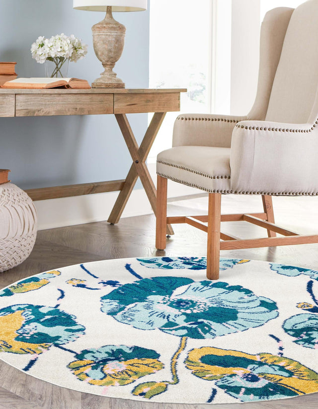 White 5' 3 x 5' 3 Bloom Round Area Rug 100% Polypropylene With Cotton Backing Easy Clean Colorful Blooming Flower Floral Carpet for Living Dining Room Office Dorms for Sale at Rug Engine