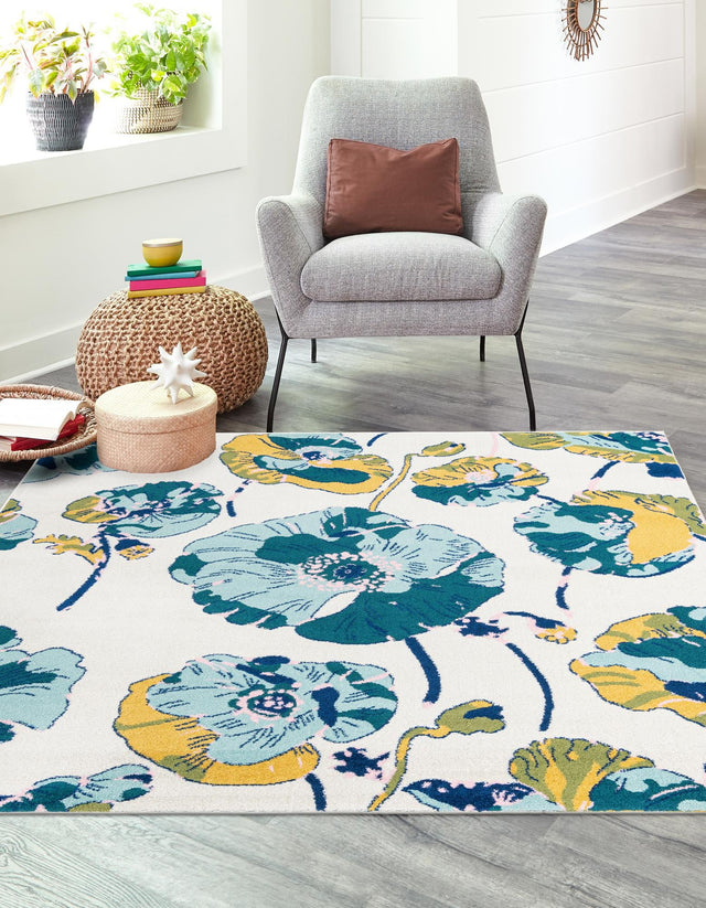 White 7' 10 x 7' 10 Bloom Square Area Rug 100% Polypropylene With Cotton Backing Easy Clean Colorful Blooming Flower Floral Carpet for Living Dining Room Office Dorms for Sale at Rug Engine