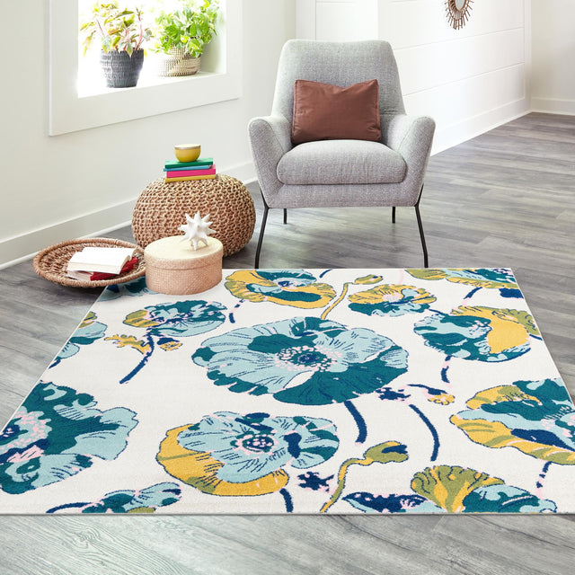 White 7' 10 x 7' 10 Bloom Square Area Rug 100% Polypropylene With Cotton Backing Easy Clean Colorful Blooming Flower Floral Carpet for Living Dining Room Office Dorms for Sale at Rug Engine
