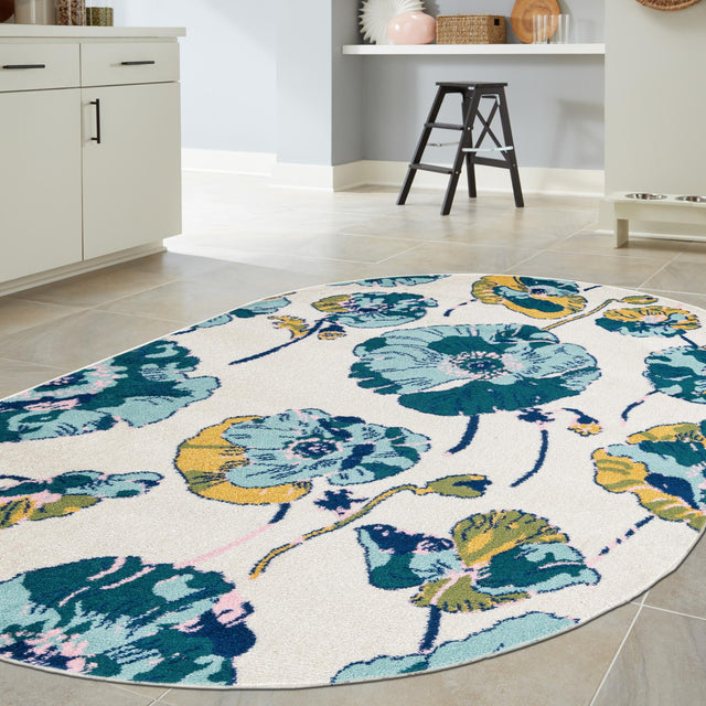 White 6' x 9' Bloom Oval Area Rug 100% Polypropylene With Cotton Backing Easy Clean Colorful Blooming Flower Floral Carpet for Living Dining Room Office Dorms for Sale at Rug Engine
