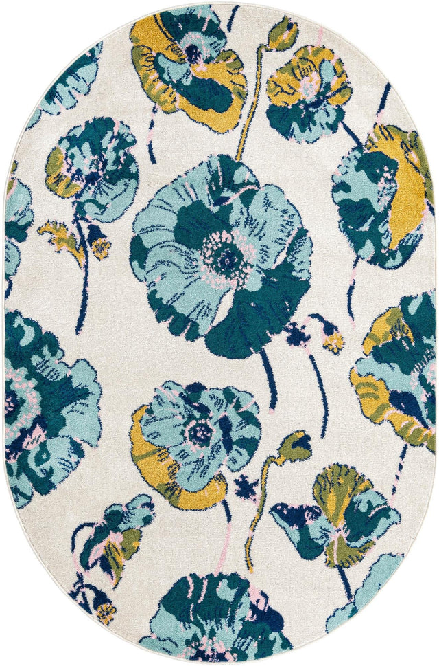White 5' 3 x 7' 10 Bloom Oval Area Rug 100% Polypropylene With Cotton Backing Easy Clean Colorful Blooming Flower Floral Carpet for Living Dining Room Office Dorms for Sale at Rug Engine
