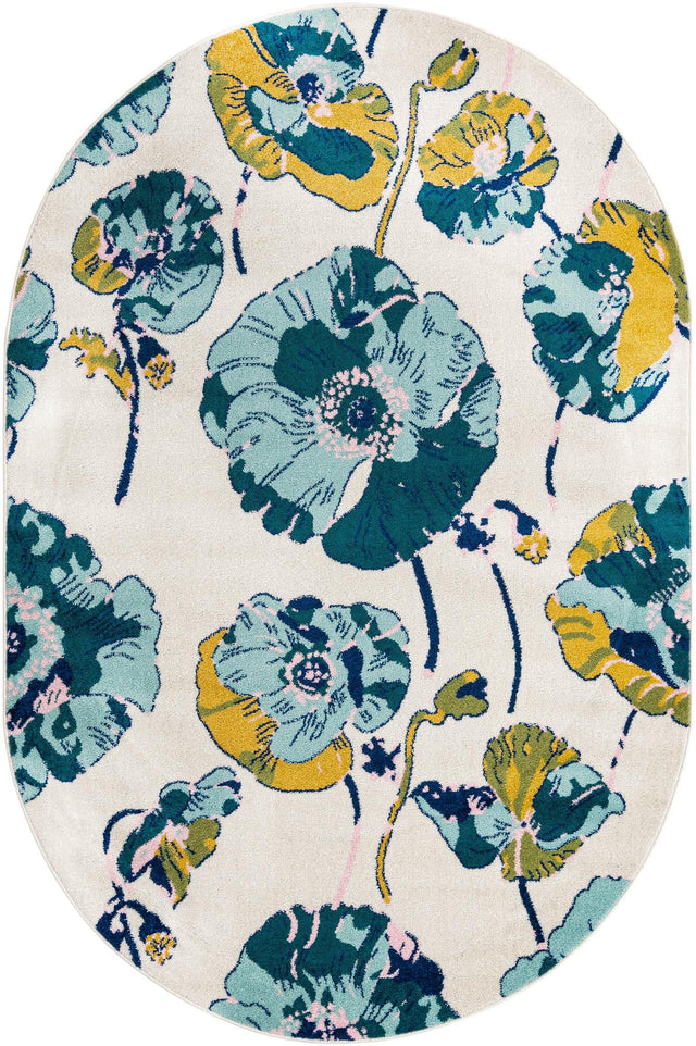 White 6' x 9' Bloom Oval Area Rug 100% Polypropylene With Cotton Backing Easy Clean Colorful Blooming Flower Floral Carpet for Living Dining Room Office Dorms for Sale at Rug Engine