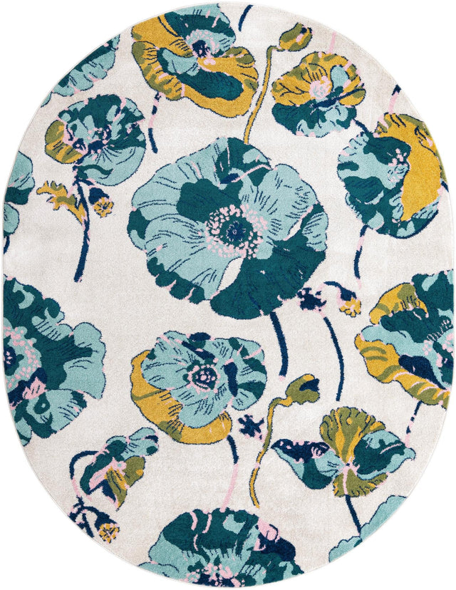White 7' 10 x 10' Bloom Oval Area Rug 100% Polypropylene With Cotton Backing Easy Clean Colorful Blooming Flower Floral Carpet for Living Dining Room Office Dorms for Sale at Rug Engine