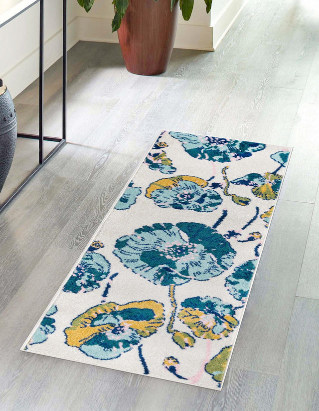 White 2' x 6' Bloom Runner Area Rug 100% Polypropylene With Cotton Backing Easy Clean Colorful Blooming Flower Floral Carpet for Living Dining Room Office Dorms for Sale at Rug Engine