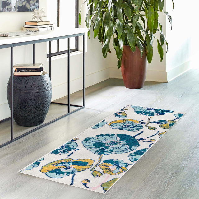 White 2' x 6' Bloom Runner Area Rug 100% Polypropylene With Cotton Backing Easy Clean Colorful Blooming Flower Floral Carpet for Living Dining Room Office Dorms for Sale at Rug Engine