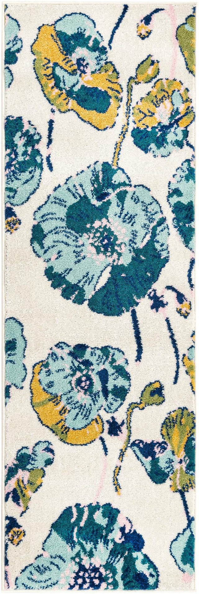 White 2' x 6' Bloom Runner Area Rug 100% Polypropylene With Cotton Backing Easy Clean Colorful Blooming Flower Floral Carpet for Living Dining Room Office Dorms for Sale at Rug Engine