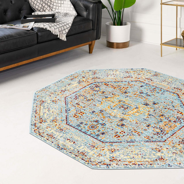 Light Blue 4' x 4' Austin Octagon Area Rug 100% Polyester Durable Cotton Backing Living Dining Room Bedroom Office Vintage Decor Carpet for Sale at Rug Engine