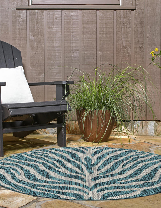 Teal 4' 1 x 4' 1 Outdoor Safari Round Area Rug Weather Resistant for Patio, Deck, Terrace, Balcony, Porch Animal Print Wildlife Nature Carpet for Sale at Rug Engine