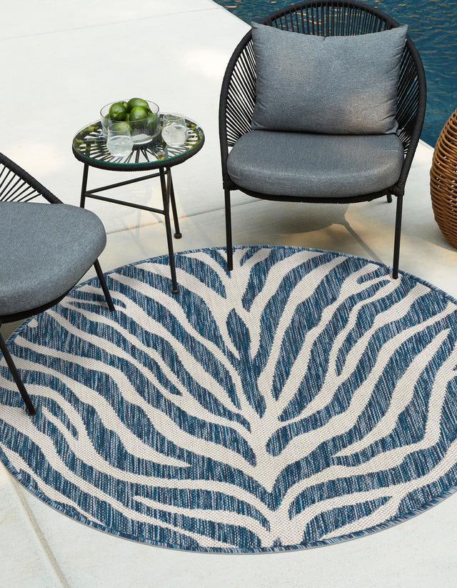 Blue 3' 1 x 3' 1 Outdoor Safari Round Area Rug Weather Resistant for Patio, Deck, Terrace, Balcony, Porch Animal Print Wildlife Nature Carpet for Sale at Rug Engine