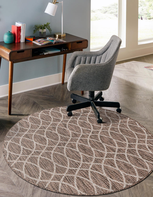 Brown 3' 1 x 3' 1 Outdoor Trellis Round Area Rug Weather Resistant for Patio, Deck, Terrace, Balcony, Porch Geometric Design Water Safe Outside Carpet for Sale at Rug Engine