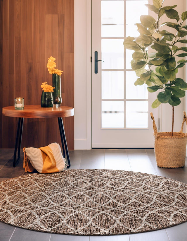 Brown 3' 1 x 3' 1 Outdoor Trellis Round Area Rug Weather Resistant for Patio, Deck, Terrace, Balcony, Porch Geometric Design Water Safe Outside Carpet for Sale at Rug Engine