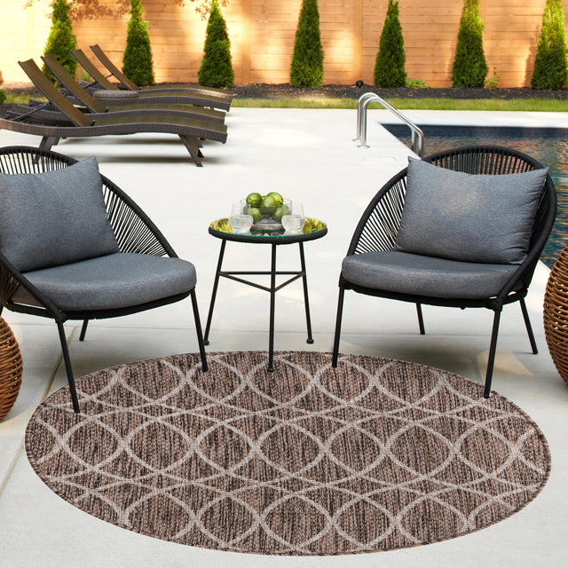 Brown 3' 1 x 3' 1 Outdoor Trellis Round Area Rug Weather Resistant for Patio, Deck, Terrace, Balcony, Porch Geometric Design Water Safe Outside Carpet for Sale at Rug Engine
