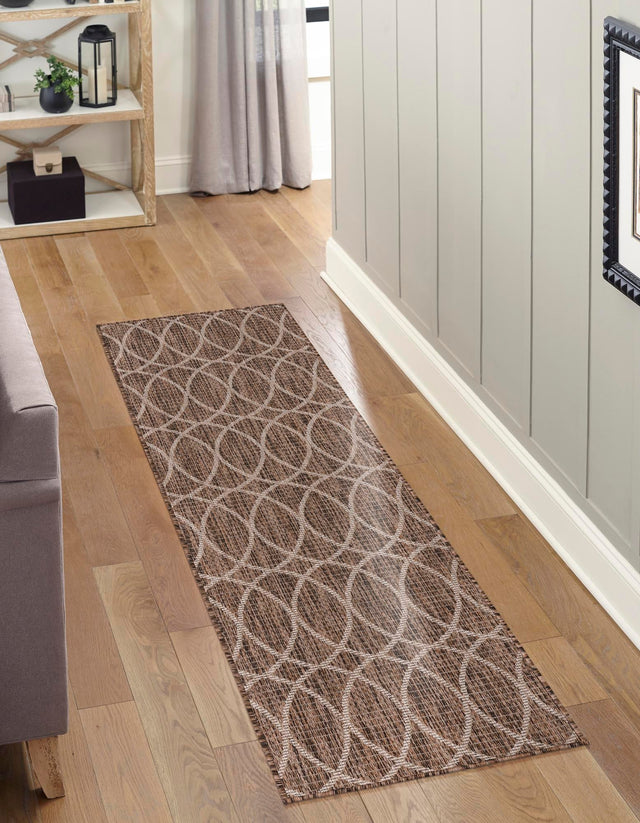 Brown 2' 7 x 10' Outdoor Trellis Runner Area Rug Weather Resistant for Patio, Deck, Terrace, Balcony, Porch Geometric Design Water Safe Outside Carpet for Sale at Rug Engine