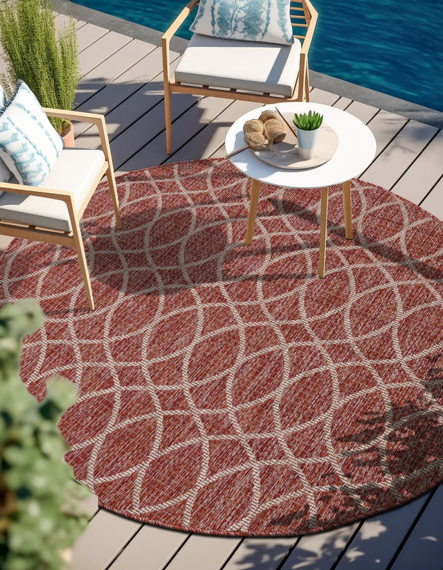Rust Red 4' 1 x 4' 1 Outdoor Trellis Round Area Rug Weather Resistant for Patio, Deck, Terrace, Balcony, Porch Geometric Design Water Safe Outside Carpet for Sale at Rug Engine