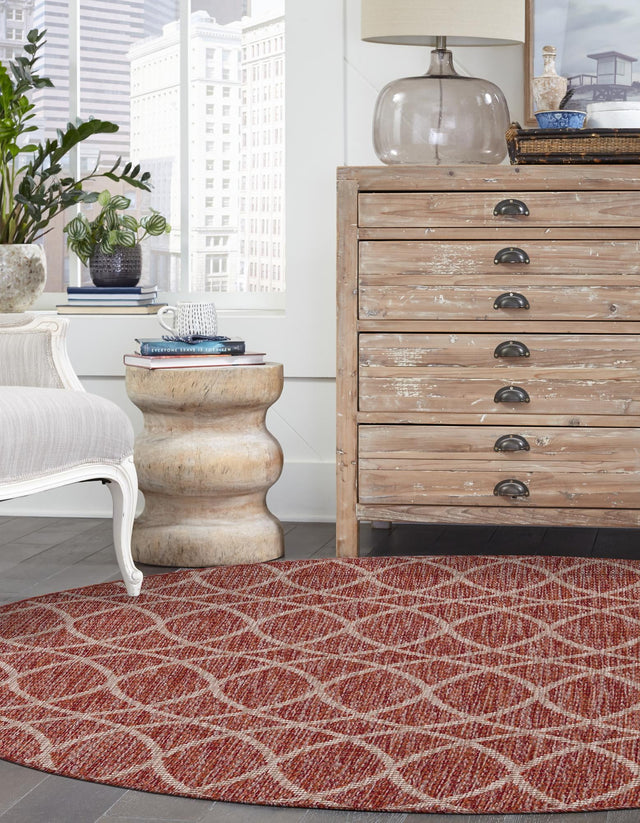 Rust Red 3' 1 x 3' 1 Outdoor Trellis Round Area Rug Weather Resistant for Patio, Deck, Terrace, Balcony, Porch Geometric Design Water Safe Outside Carpet for Sale at Rug Engine