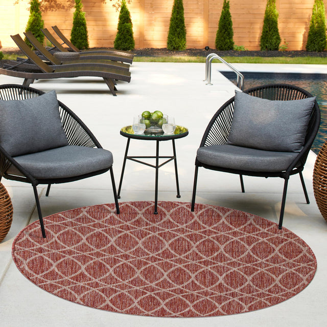 Rust Red 3' 1 x 3' 1 Outdoor Trellis Round Area Rug Weather Resistant for Patio, Deck, Terrace, Balcony, Porch Geometric Design Water Safe Outside Carpet for Sale at Rug Engine