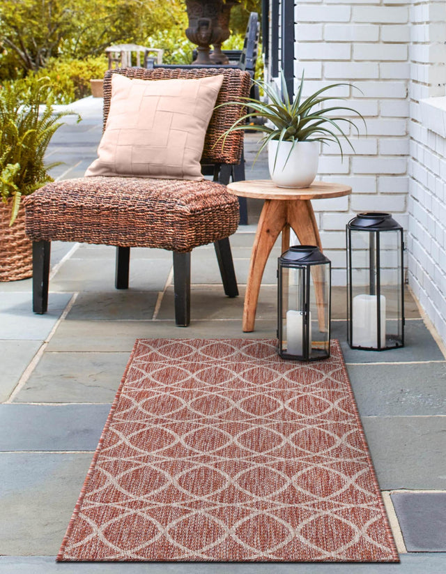 Rust Red 2' x 6' 1 Outdoor Trellis Runner Area Rug Weather Resistant for Patio, Deck, Terrace, Balcony, Porch Geometric Design Water Safe Outside Carpet for Sale at Rug Engine