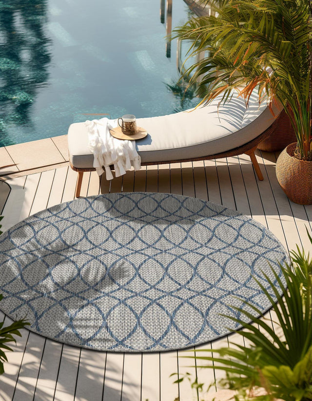 Gray Blue 3' x 3' Outdoor Trellis Round Area Rug Weather Resistant for Patio, Deck, Terrace, Balcony, Porch Geometric Design Water Safe Outside Carpet for Sale at Rug Engine