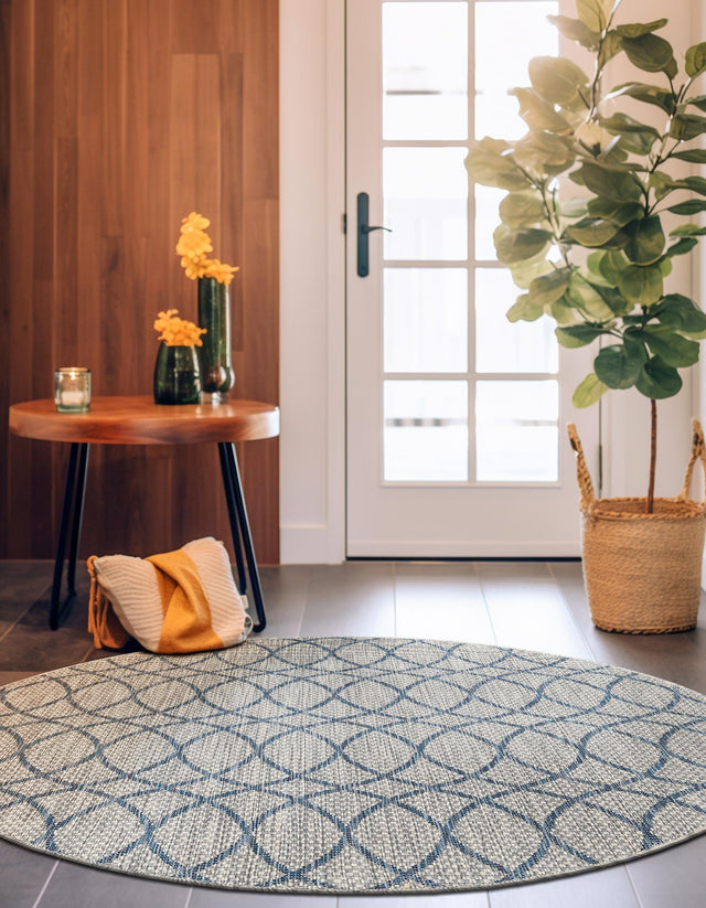 Gray Blue 3' x 3' Outdoor Trellis Round Area Rug Weather Resistant for Patio, Deck, Terrace, Balcony, Porch Geometric Design Water Safe Outside Carpet for Sale at Rug Engine