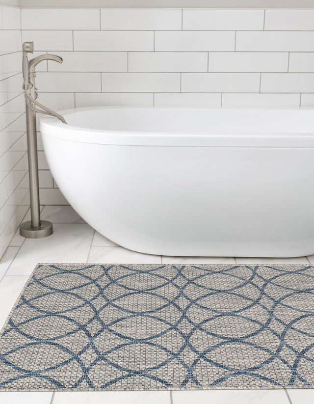 Gray Blue 2' x 6' Outdoor Trellis Runner Area Rug Weather Resistant for Patio, Deck, Terrace, Balcony, Porch Geometric Design Water Safe Outside Carpet for Sale at Rug Engine