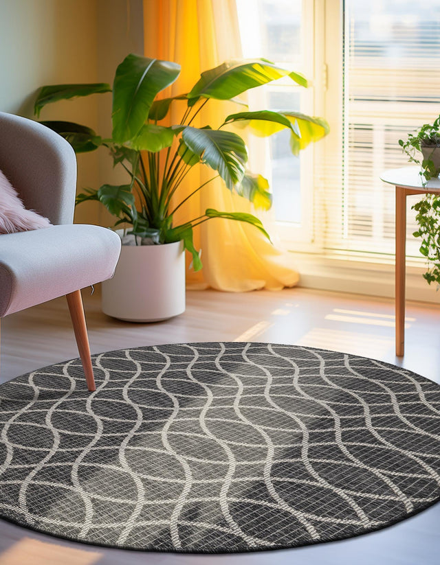 Charcoal 10' x 10' Outdoor Trellis Round Area Rug Weather Resistant for Patio, Deck, Terrace, Balcony, Porch Geometric Design Water Safe Outside Carpet for Sale at Rug Engine