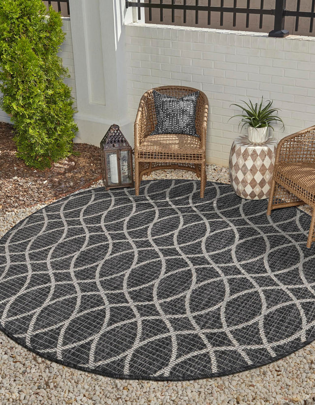 Charcoal 10' x 10' Outdoor Trellis Round Area Rug Weather Resistant for Patio, Deck, Terrace, Balcony, Porch Geometric Design Water Safe Outside Carpet for Sale at Rug Engine