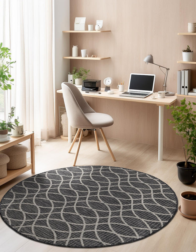 Charcoal 10' x 10' Outdoor Trellis Round Area Rug Weather Resistant for Patio, Deck, Terrace, Balcony, Porch Geometric Design Water Safe Outside Carpet for Sale at Rug Engine