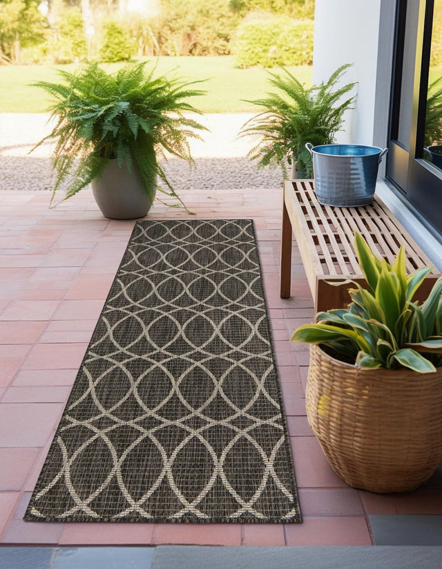Charcoal 2' x 6' 1 Outdoor Trellis Runner Area Rug Weather Resistant for Patio, Deck, Terrace, Balcony, Porch Geometric Design Water Safe Outside Carpet for Sale at Rug Engine