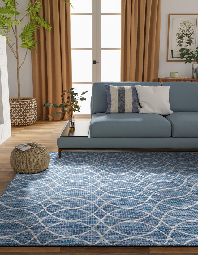 Blue 3' 1 x 5' 3 Outdoor Trellis Rectangle Area Rug Weather Resistant for Patio, Deck, Terrace, Balcony, Porch Geometric Design Water Safe Outside Carpet for Sale at Rug Engine