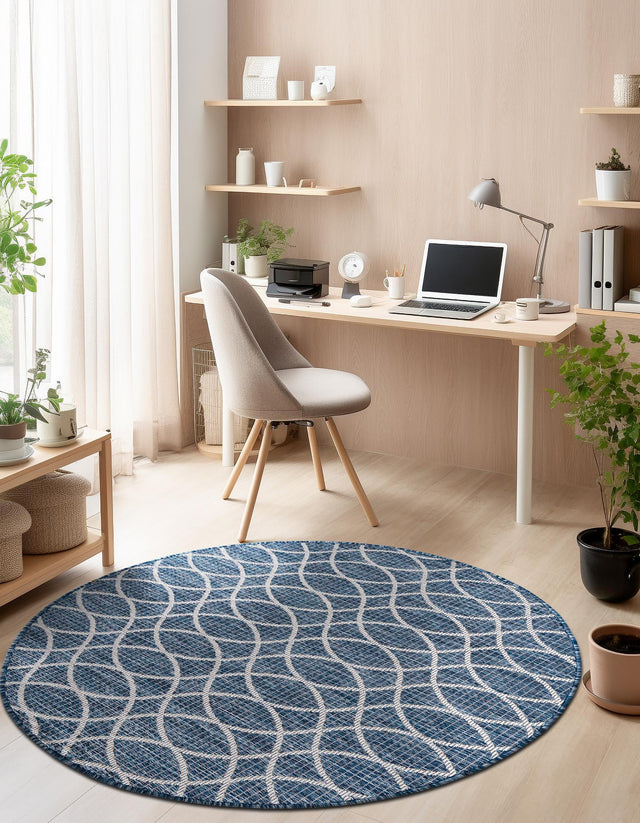 Blue 4' 1 x 4' 1 Outdoor Trellis Round Area Rug Weather Resistant for Patio, Deck, Terrace, Balcony, Porch Geometric Design Water Safe Outside Carpet for Sale at Rug Engine