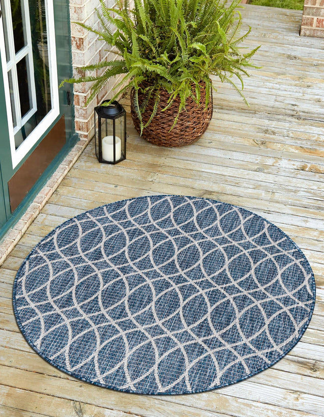 Blue 10' x 10' Outdoor Trellis Round Area Rug Weather Resistant for Patio, Deck, Terrace, Balcony, Porch Geometric Design Water Safe Outside Carpet for Sale at Rug Engine