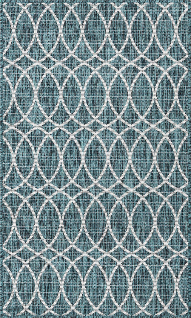 Teal 3' x 5' 3 Outdoor Trellis Rectangle Area Rug Weather Resistant for Patio, Deck, Terrace, Balcony, Porch Geometric Design Water Safe Outside Carpet for Sale at Rug Engine