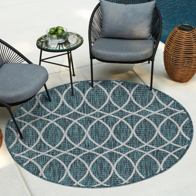 Teal 3' x 3' Outdoor Trellis Round Area Rug Weather Resistant for Patio, Deck, Terrace, Balcony, Porch Geometric Design Water Safe Outside Carpet for Sale at Rug Engine