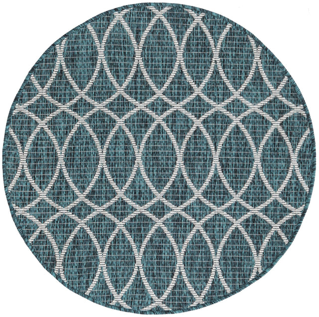 Teal 3' x 3' Outdoor Trellis Round Area Rug Weather Resistant for Patio, Deck, Terrace, Balcony, Porch Geometric Design Water Safe Outside Carpet for Sale at Rug Engine
