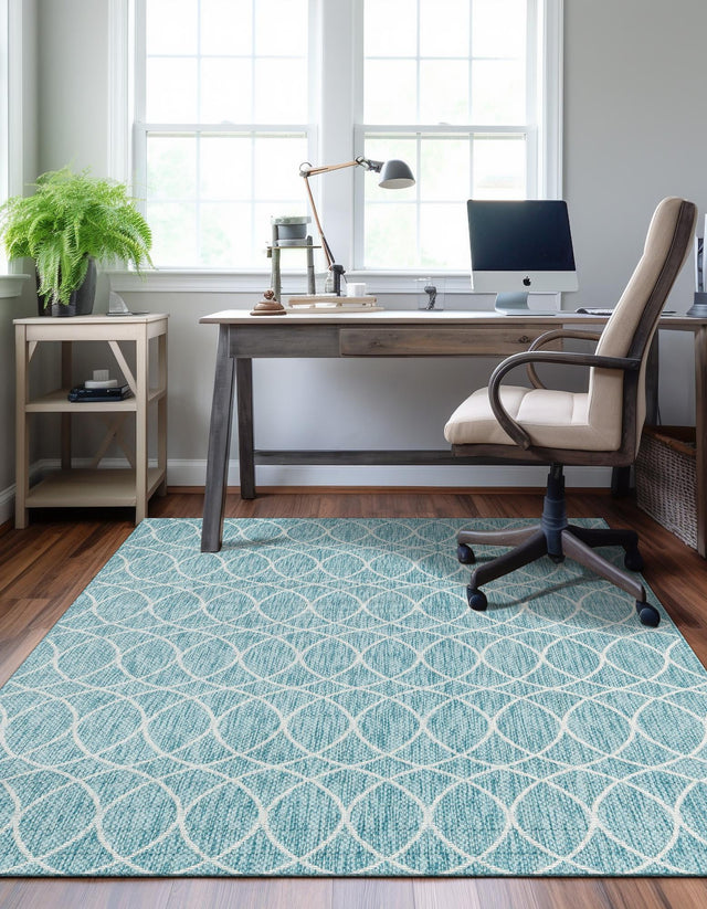 Light Aqua 7' 10 x 11' Outdoor Trellis Rectangle Area Rug Weather Resistant for Patio, Deck, Terrace, Balcony, Porch Geometric Design Water Safe Outside Carpet for Sale at Rug Engine