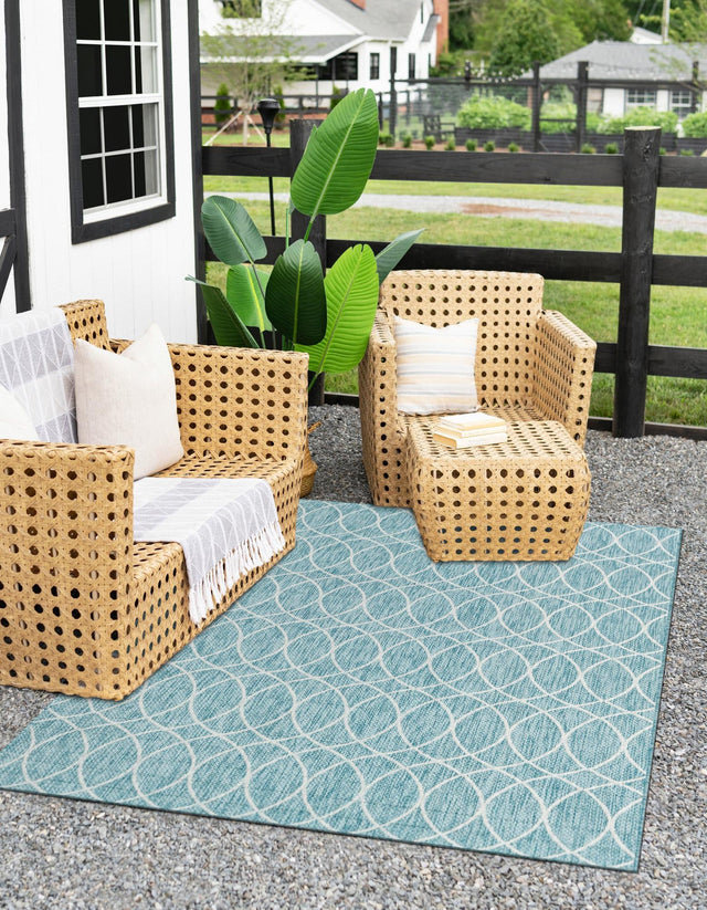 Light Aqua 7' 10 x 11' Outdoor Trellis Rectangle Area Rug Weather Resistant for Patio, Deck, Terrace, Balcony, Porch Geometric Design Water Safe Outside Carpet for Sale at Rug Engine