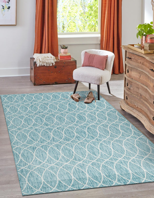 Light Aqua 4' x 6' Outdoor Trellis Rectangle Area Rug Weather Resistant for Patio, Deck, Terrace, Balcony, Porch Geometric Design Water Safe Outside Carpet for Sale at Rug Engine