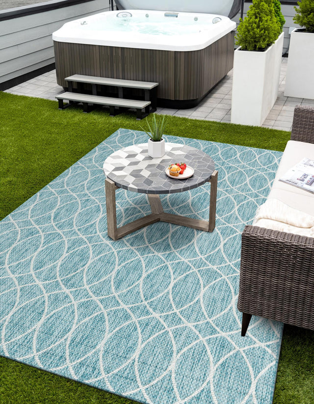 Light Aqua 3' x 5' 3 Outdoor Trellis Rectangle Area Rug Weather Resistant for Patio, Deck, Terrace, Balcony, Porch Geometric Design Water Safe Outside Carpet for Sale at Rug Engine