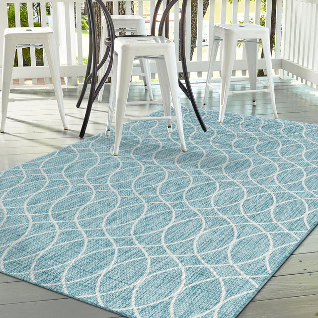 Light Aqua 4' x 6' Outdoor Trellis Rectangle Area Rug Weather Resistant for Patio, Deck, Terrace, Balcony, Porch Geometric Design Water Safe Outside Carpet for Sale at Rug Engine
