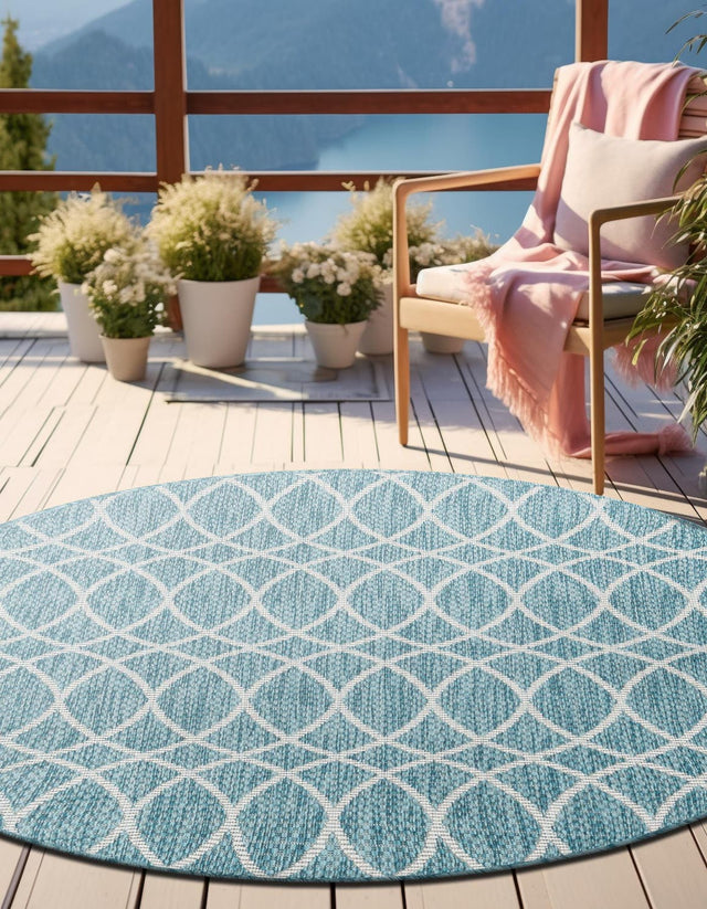Light Aqua 3' x 3' Outdoor Trellis Round Area Rug Weather Resistant for Patio, Deck, Terrace, Balcony, Porch Geometric Design Water Safe Outside Carpet for Sale at Rug Engine