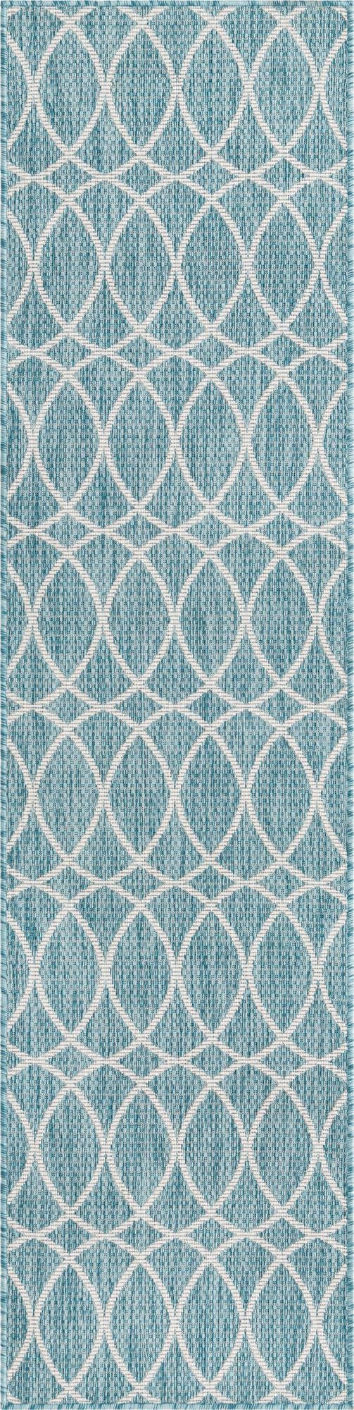 Light Aqua 2' x 7' 10 Outdoor Trellis Runner Area Rug Weather Resistant for Patio, Deck, Terrace, Balcony, Porch Geometric Design Water Safe Outside Carpet for Sale at Rug Engine