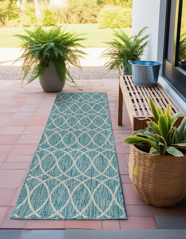 Light Aqua 2' x 7' 10 Outdoor Trellis Runner Area Rug Weather Resistant for Patio, Deck, Terrace, Balcony, Porch Geometric Design Water Safe Outside Carpet for Sale at Rug Engine