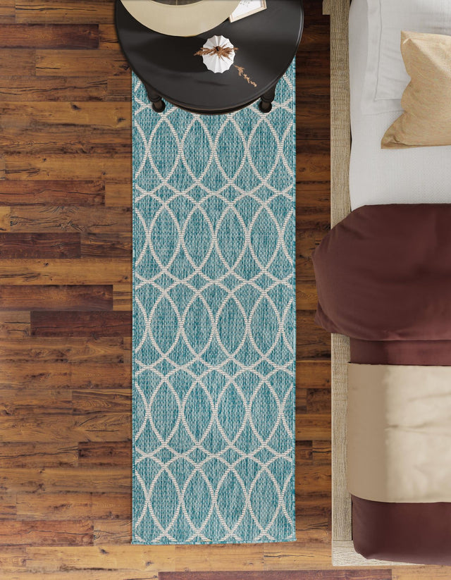 Light Aqua 2' x 6' Outdoor Trellis Runner Area Rug Weather Resistant for Patio, Deck, Terrace, Balcony, Porch Geometric Design Water Safe Outside Carpet for Sale at Rug Engine