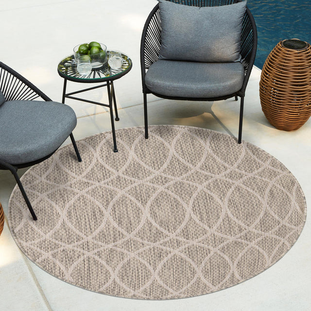 Light Gray 3' 1 x 3' 1 Outdoor Trellis Round Area Rug Weather Resistant for Patio, Deck, Terrace, Balcony, Porch Geometric Design Water Safe Outside Carpet for Sale at Rug Engine