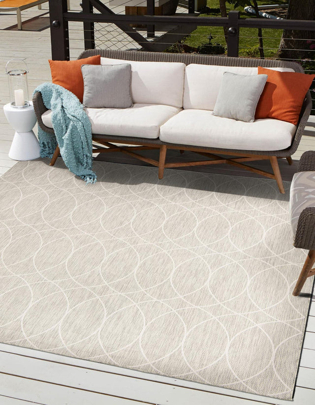Light Gray 10' x 10' Outdoor Trellis Square Area Rug Weather Resistant for Patio, Deck, Terrace, Balcony, Porch Geometric Design Water Safe Outside Carpet for Sale at Rug Engine
