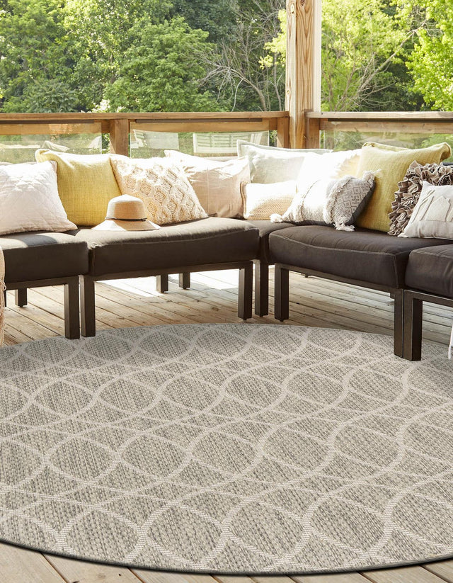 Light Gray 4' 1 x 4' 1 Outdoor Trellis Round Area Rug Weather Resistant for Patio, Deck, Terrace, Balcony, Porch Geometric Design Water Safe Outside Carpet for Sale at Rug Engine